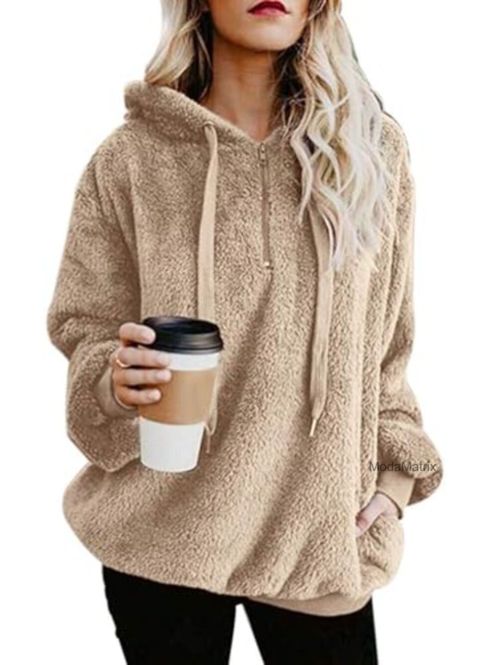 Oversized Sherpa Hoodie Fuzzy Fleece Pullover with Pockets Plaid Jacket